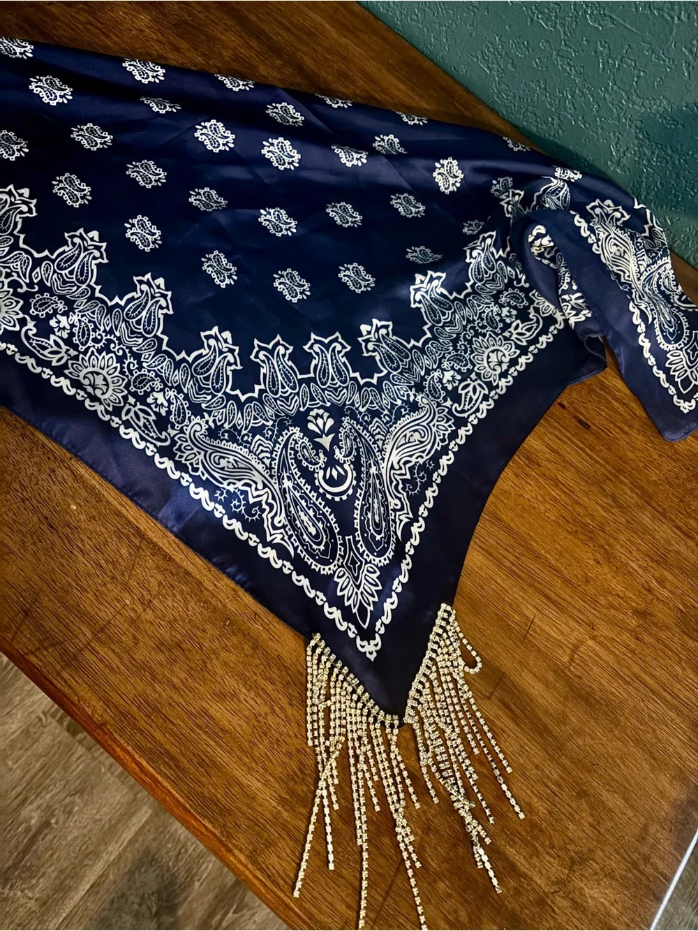 Navy Paisley Bandana Scarf with Rhinestone Fringe- Worn Once